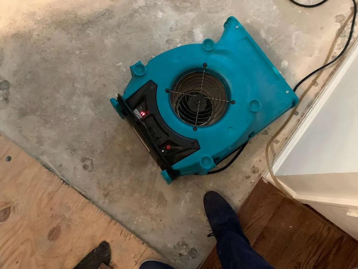 Air mover drying subfloor during Commercial Water Damage Restoration in South San Gabriel